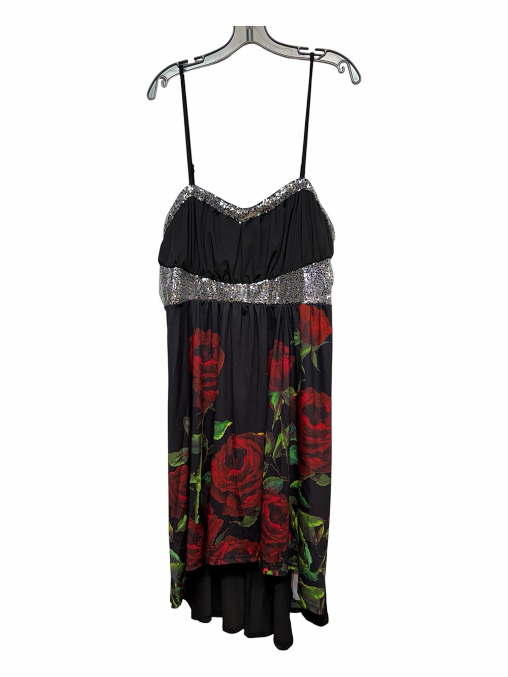 Rosegal 1X Black Red Rose Sequin High Low Spaghetti Strap Dress